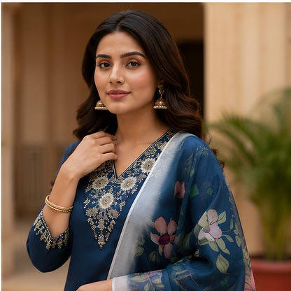 Navy Blue Cotton Blend Kurta Set with Floral Organza Dupatta