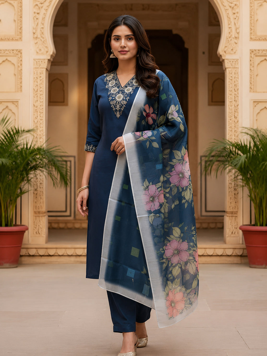 Navy Blue Cotton Blend Kurta Set with Floral Organza Dupatta