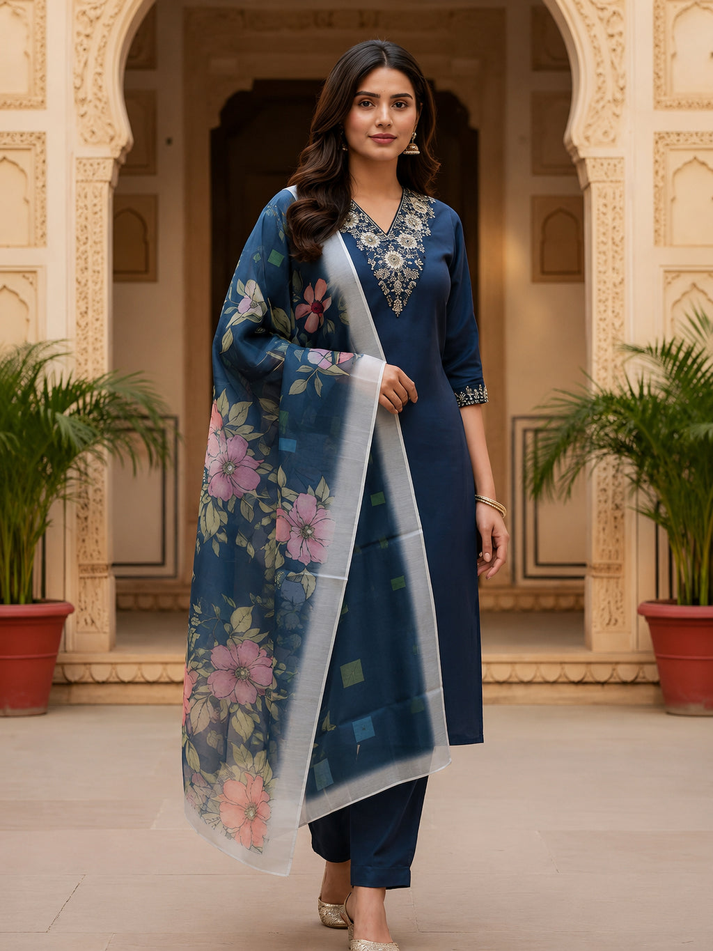 Navy Blue Cotton Blend Kurta Set with Floral Organza Dupatta