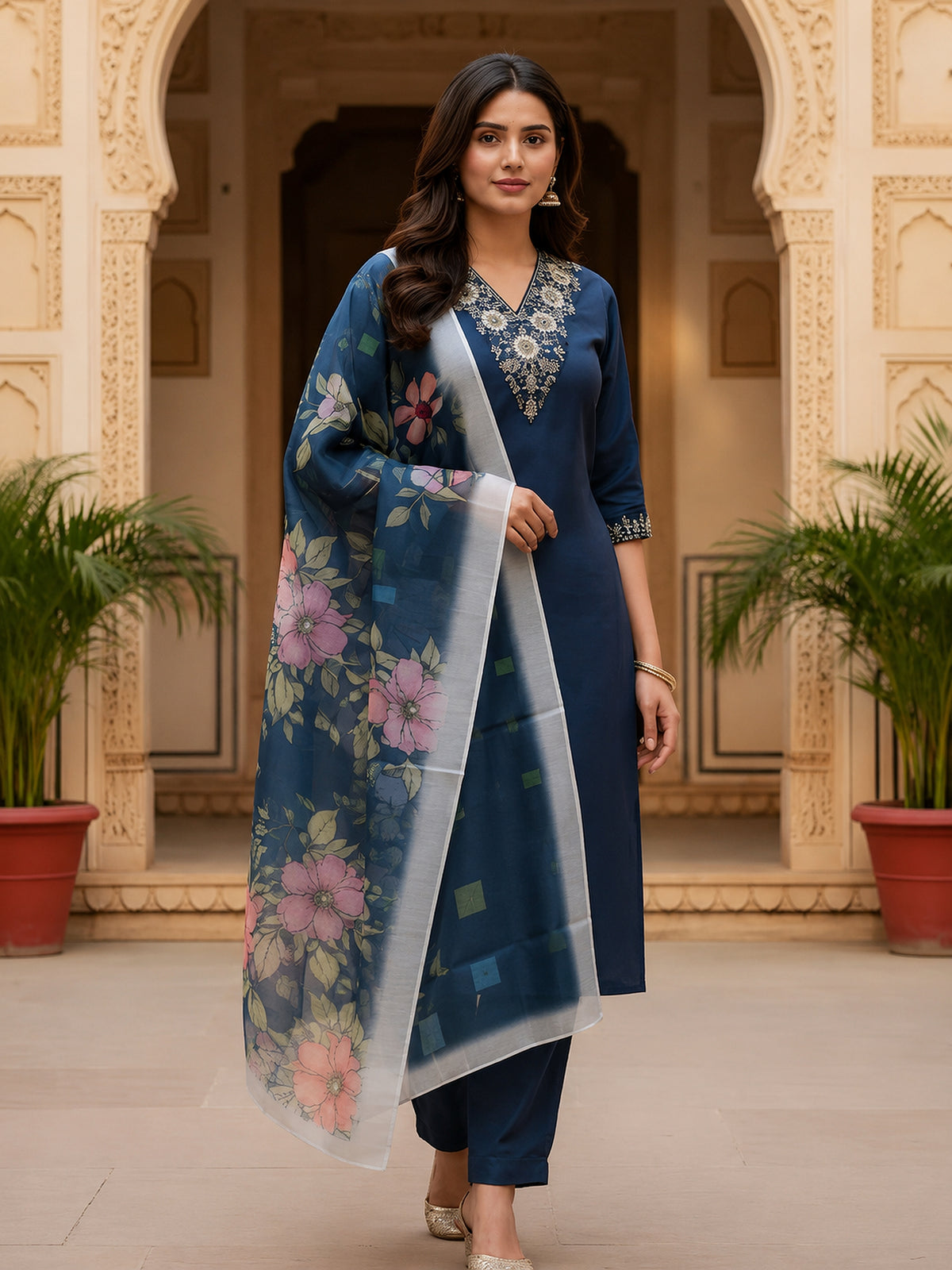 Navy Blue Cotton Blend Kurta Set with Floral Organza Dupatta