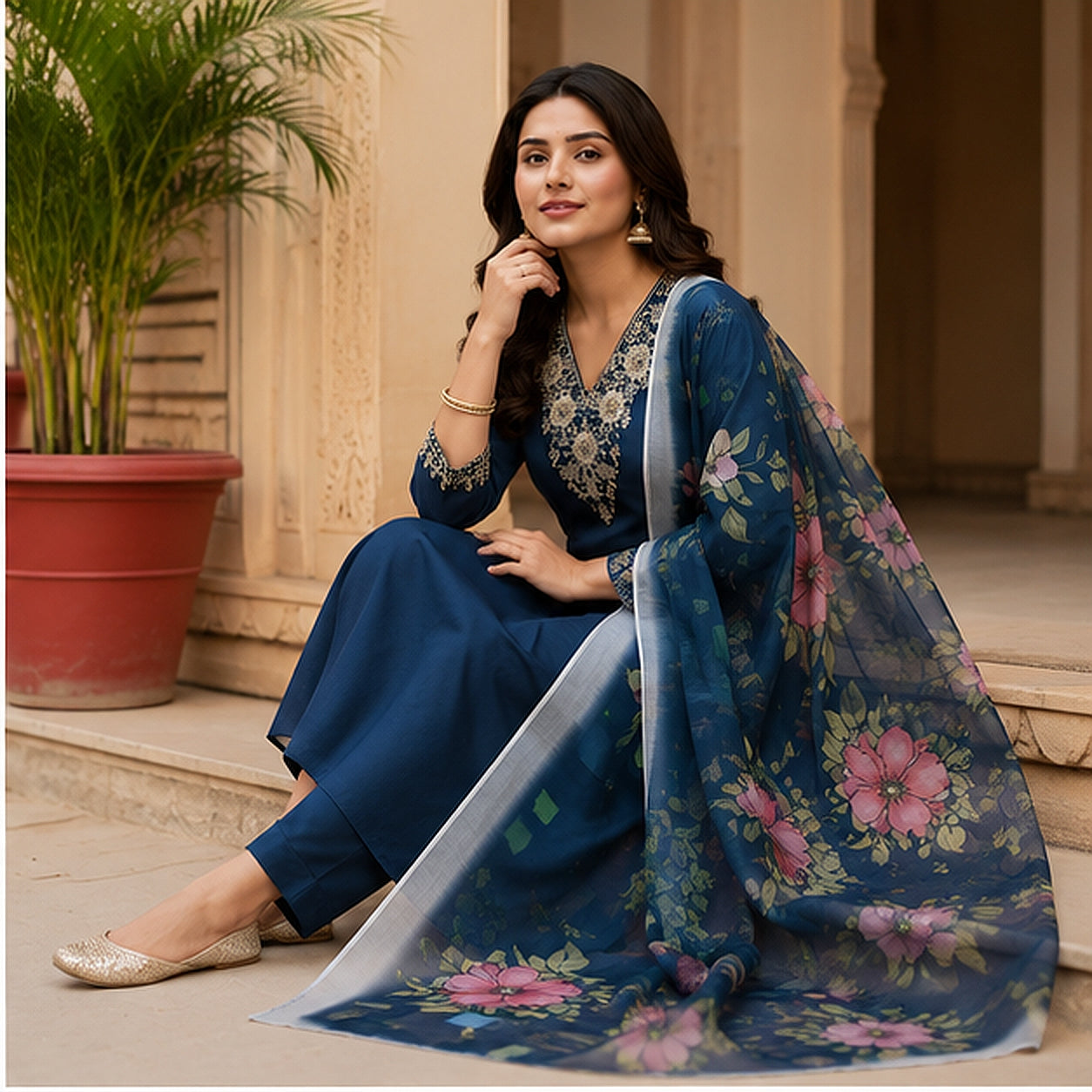 Navy Blue Cotton Blend Kurta Set with Floral Organza Dupatta