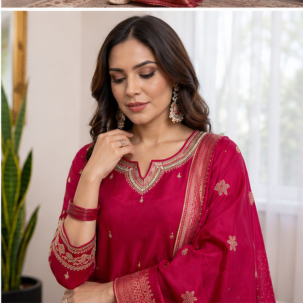 Magenta Embroidered Silk Blend Kurta Set with Banarasi Dupatta