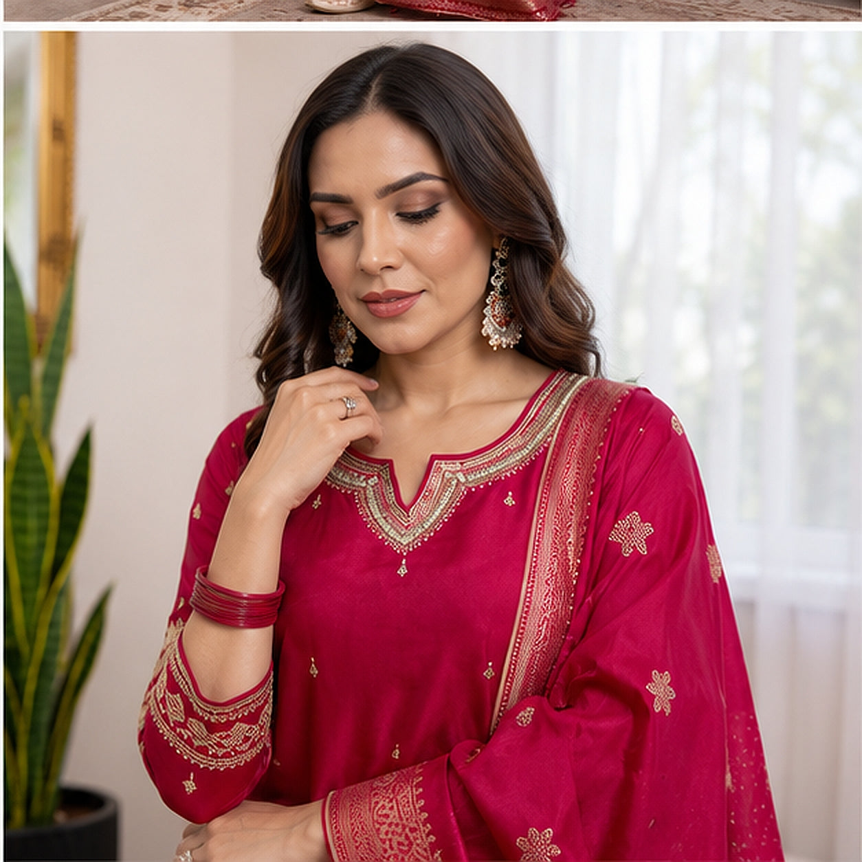Magenta Embroidered Silk Blend Kurta Set with Banarasi Dupatta