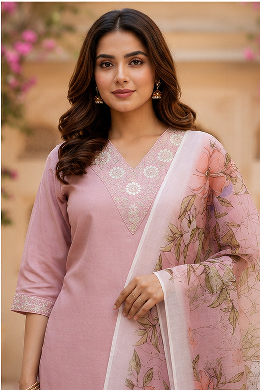 Blush Pink Cotton Blend Kurta Set with Floral Organza Dupatta