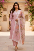 Blush Pink Cotton Blend Kurta Set with Floral Organza Dupatta