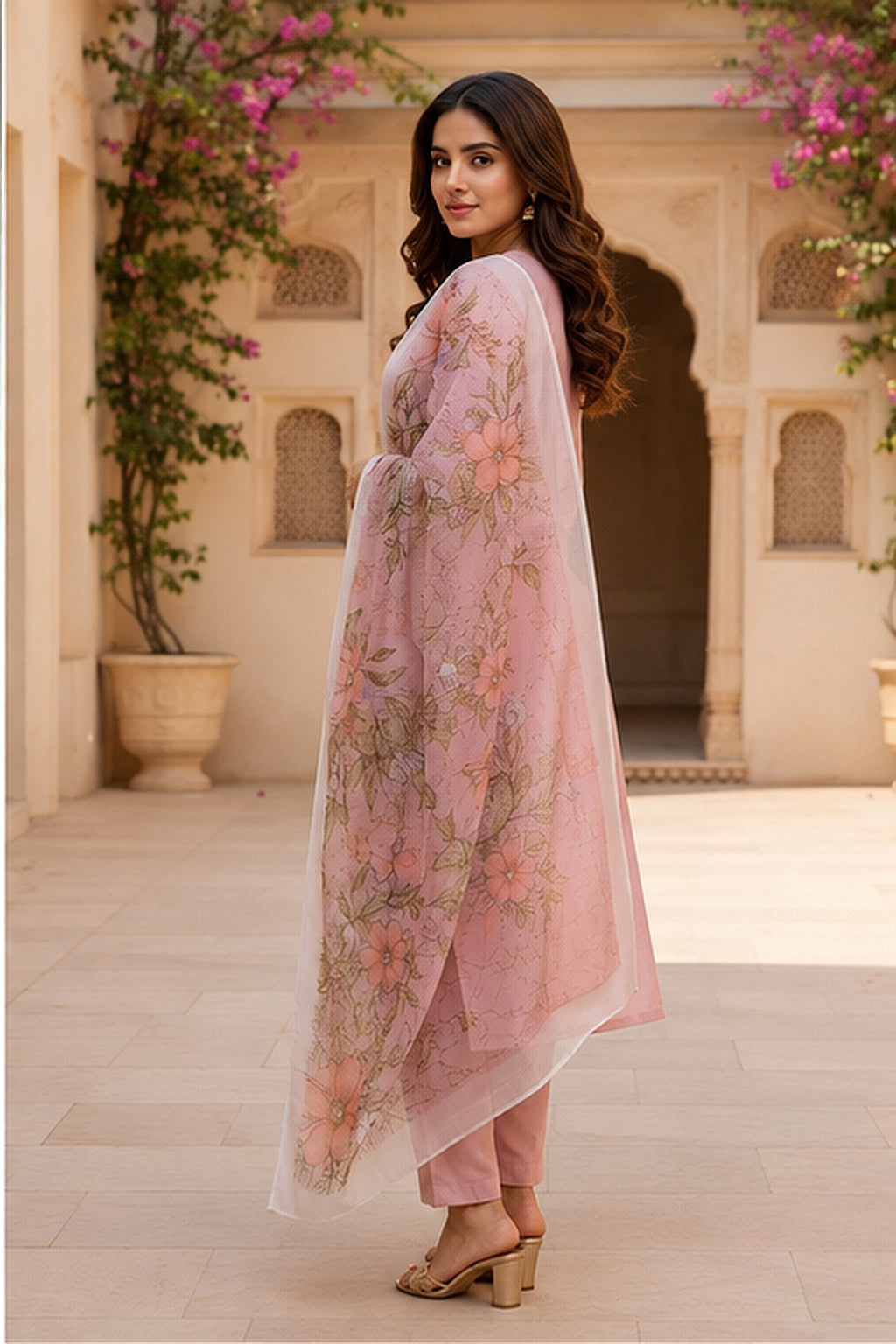 Blush Pink Cotton Blend Kurta Set with Floral Organza Dupatta