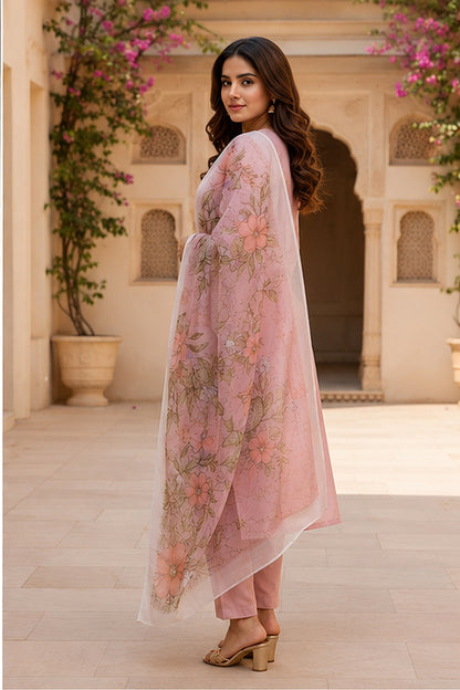 Blush Pink Cotton Blend Kurta Set with Floral Organza Dupatta