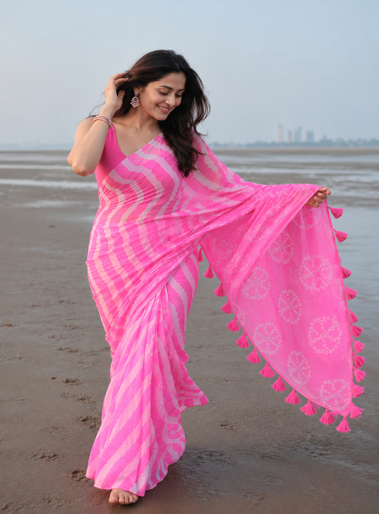 Pink Chiffon Leheriya Saree with Floral Print & Tassel Pallu