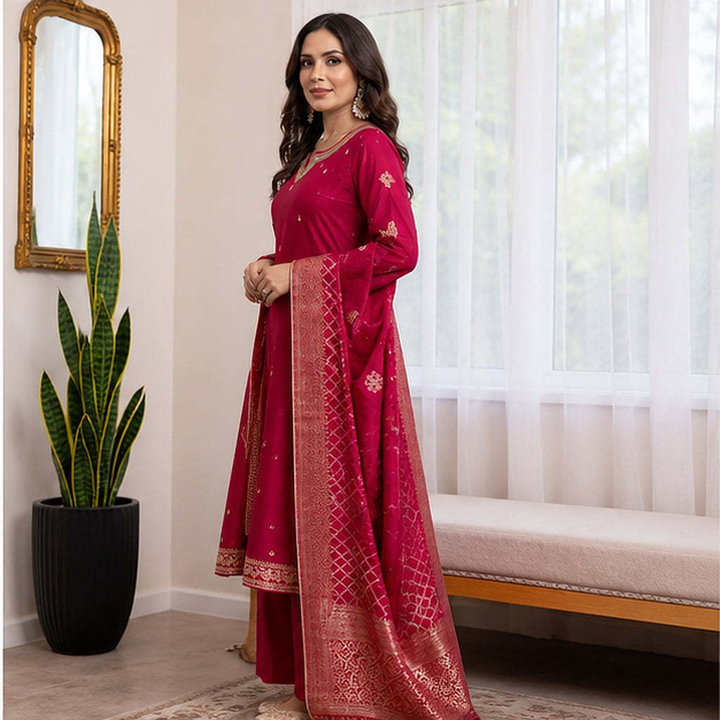 Magenta Embroidered Silk Blend Kurta Set with Banarasi Dupatta