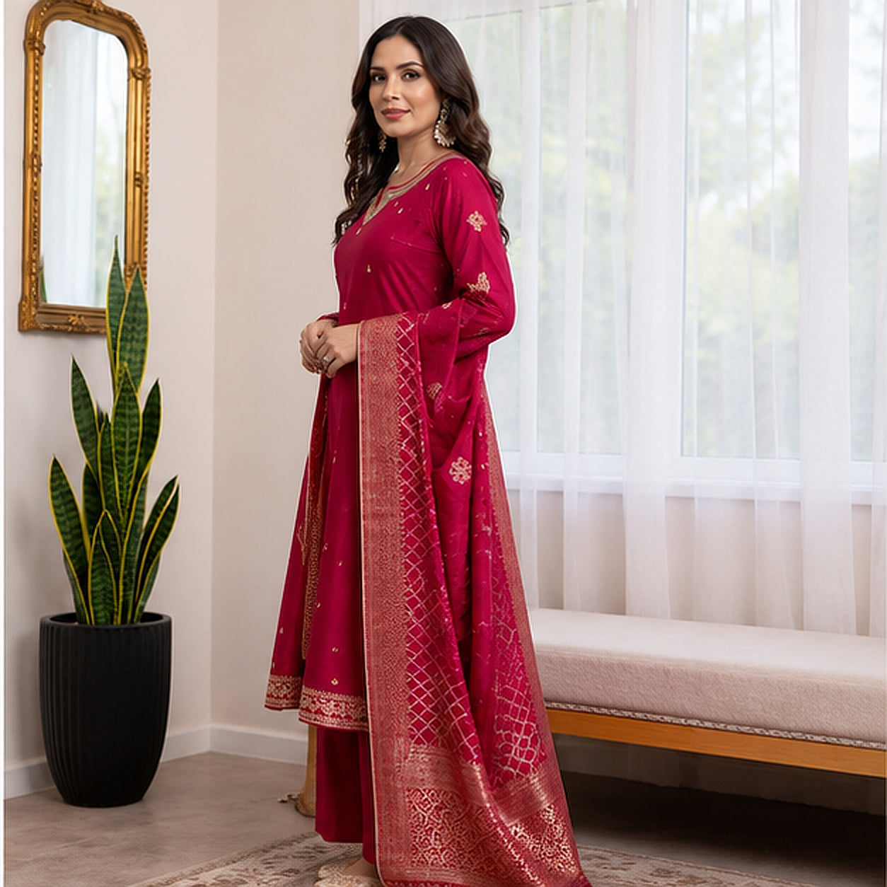 Magenta Embroidered Silk Blend Kurta Set with Banarasi Dupatta