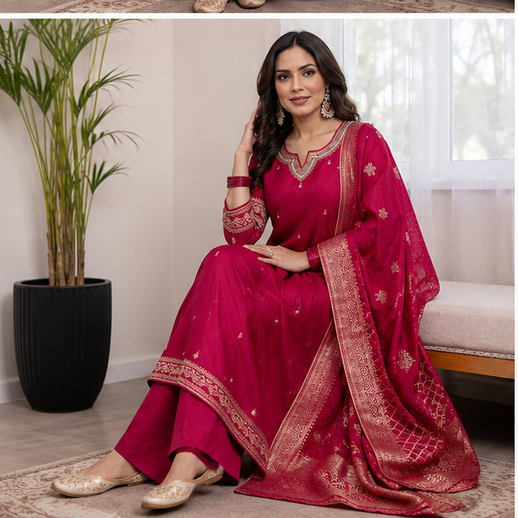 Magenta Embroidered Silk Blend Kurta Set with Banarasi Dupatta