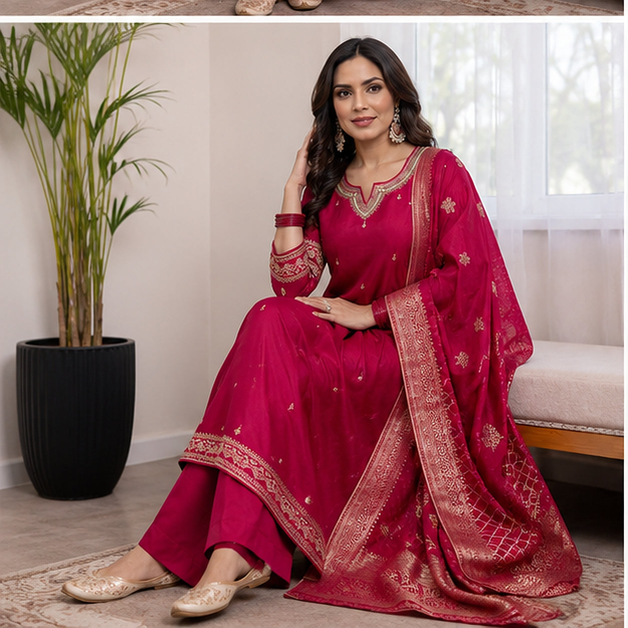 Magenta Embroidered Silk Blend Kurta Set with Banarasi Dupatta