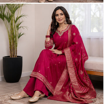 Magenta Embroidered Silk Blend Kurta Set with Banarasi Dupatta