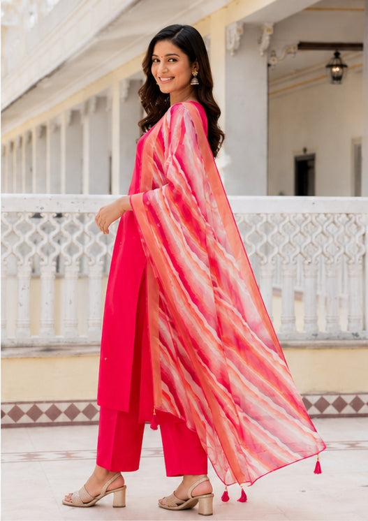 Rani Pink Cotton Blend Kurta Set with Printed Organza Dupatta