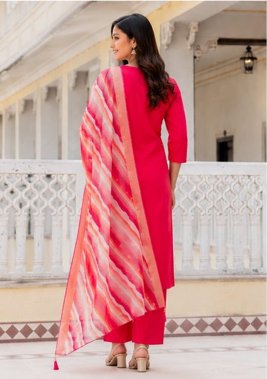 Rani Pink Cotton Blend Kurta Set with Printed Organza Dupatta