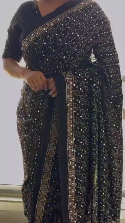 Black Ajrakh Gajji Mirror Work Saree