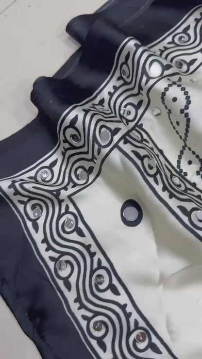 Ivory White Gajji Ajrakh Silk Saree with Black Border & Mirror Work