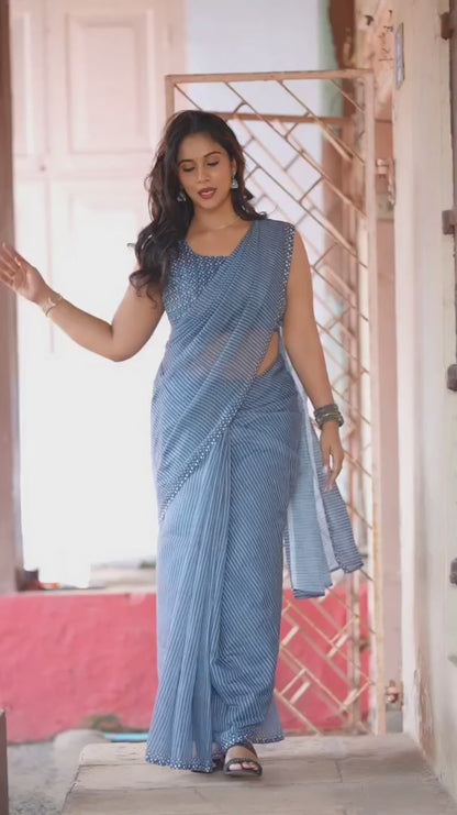 Indigo Blue Striped Linen Saree with Dotted Border