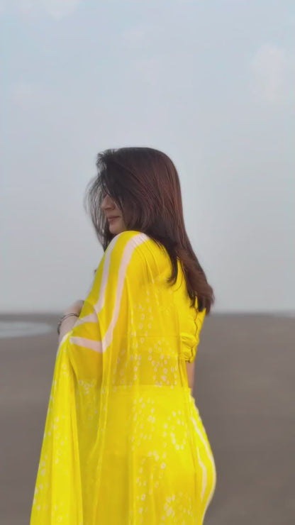 Sunshine Yellow & White Chiffon Printed Saree with Tassel Pallu