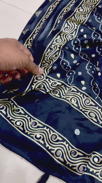 Royal Navy Blue Gajji Ajrakh Silk Saree with Matching Blouse Piece