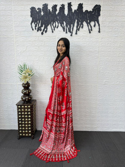 Vibrant Crimson Red Gajji Ajrakh Silk Saree