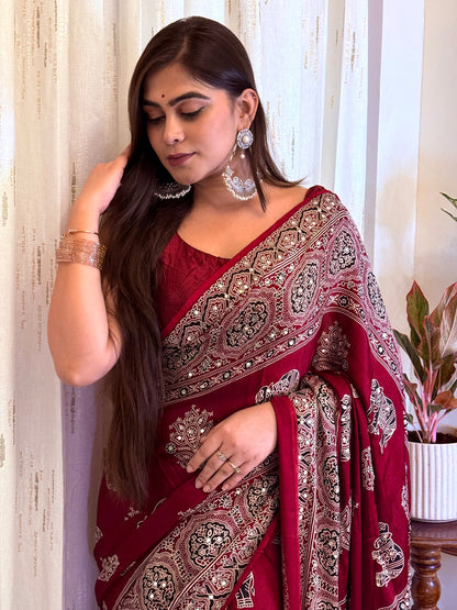 Vibrant Maroon Gajji Ajrakh Viscose Silk Saree