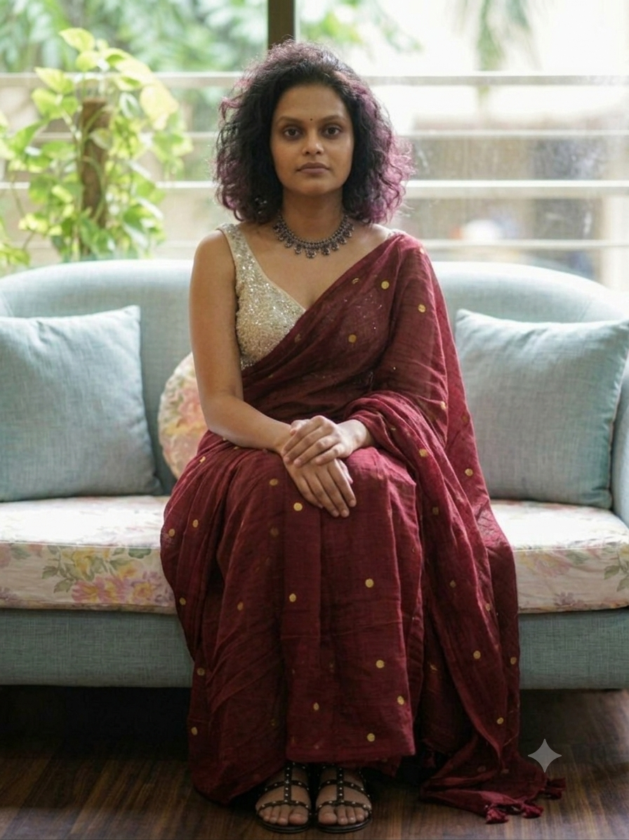 Ethereal Maroon Deep Burgundy Gold-Zari Polka Dot Mul Cotton Saree