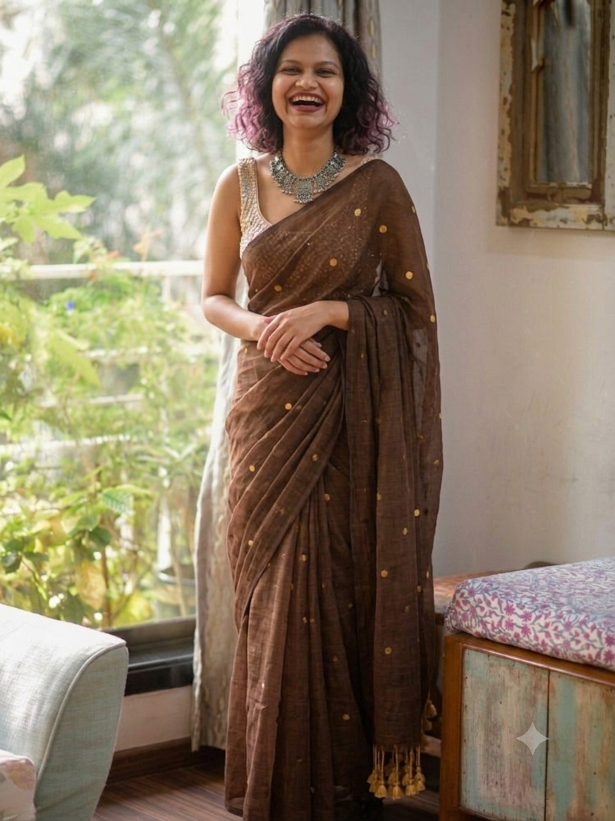 Ethereal Coffee Brown Gold-Zari Polka Dot Mul Cotton Saree