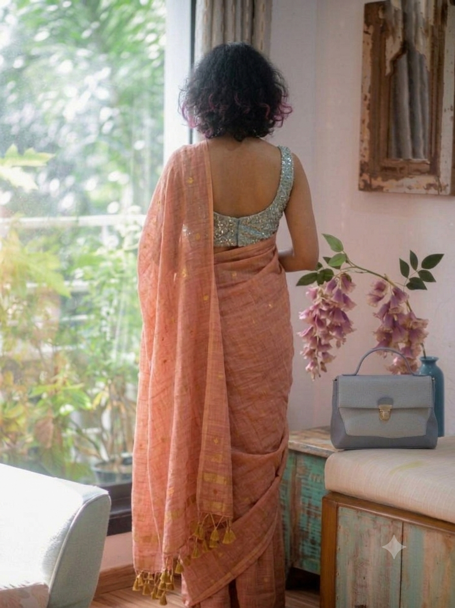 Peach Rose Pink Gold-Zari Polka Dot Mul Cotton Saree