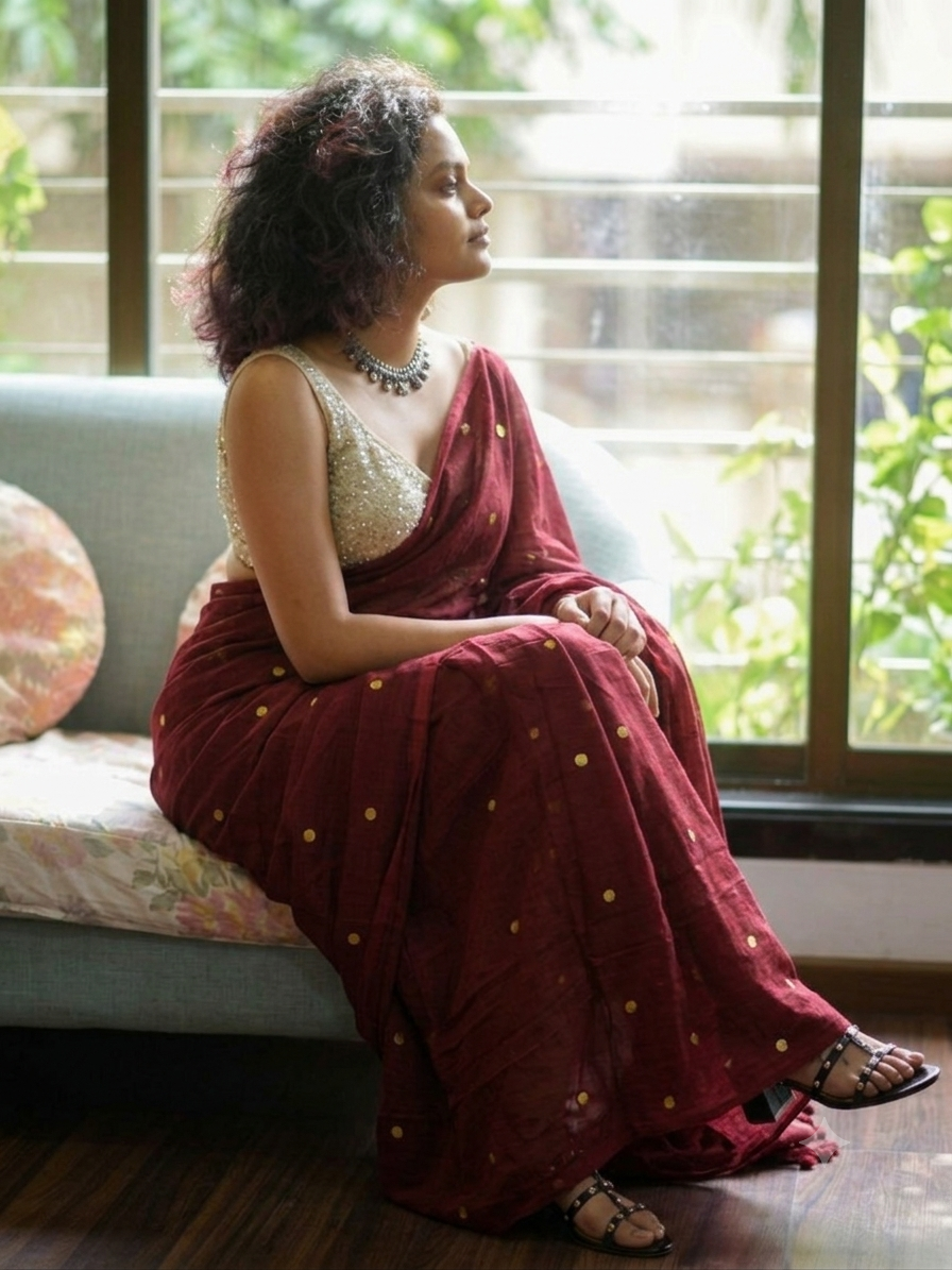 Ethereal Maroon Deep Burgundy Gold-Zari Polka Dot Mul Cotton Saree