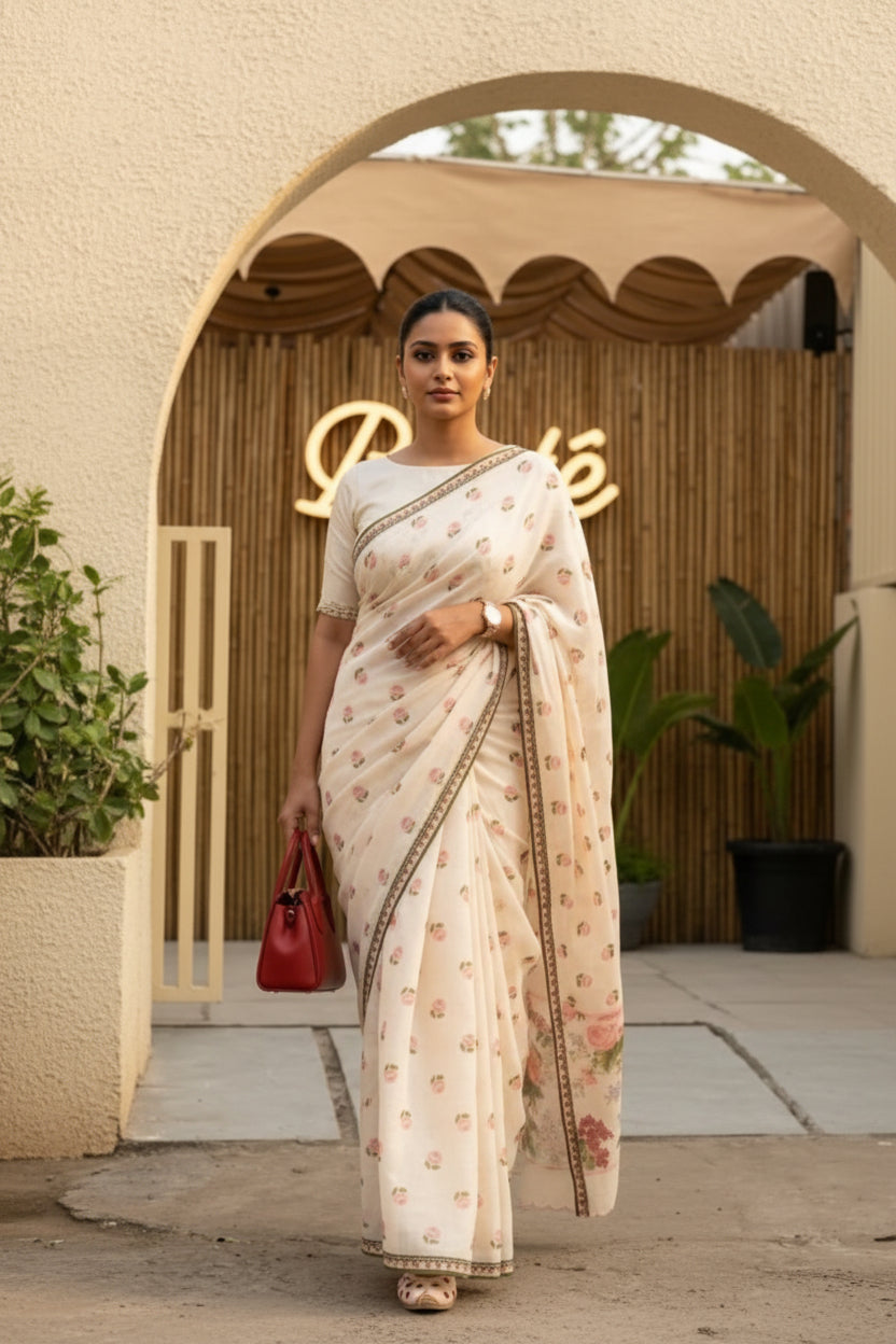 Ethereal Off-White Pink Rose Floral Printed Mul Cotton Saree