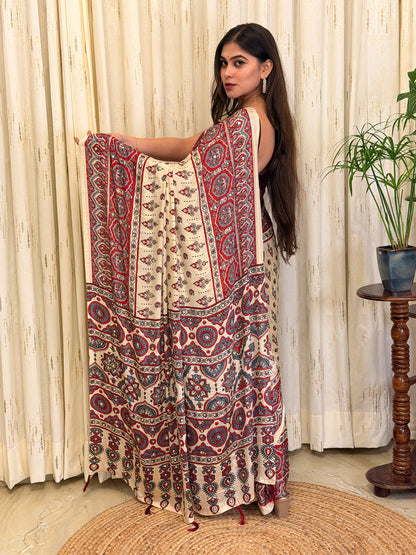 Elegant Off-White and Red Gajji Ajrakh Printed Silk Saree with Mirror Work
