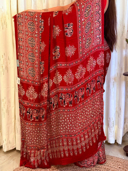 Vibrant Crimson Red Gajji Ajrakh Silk Saree