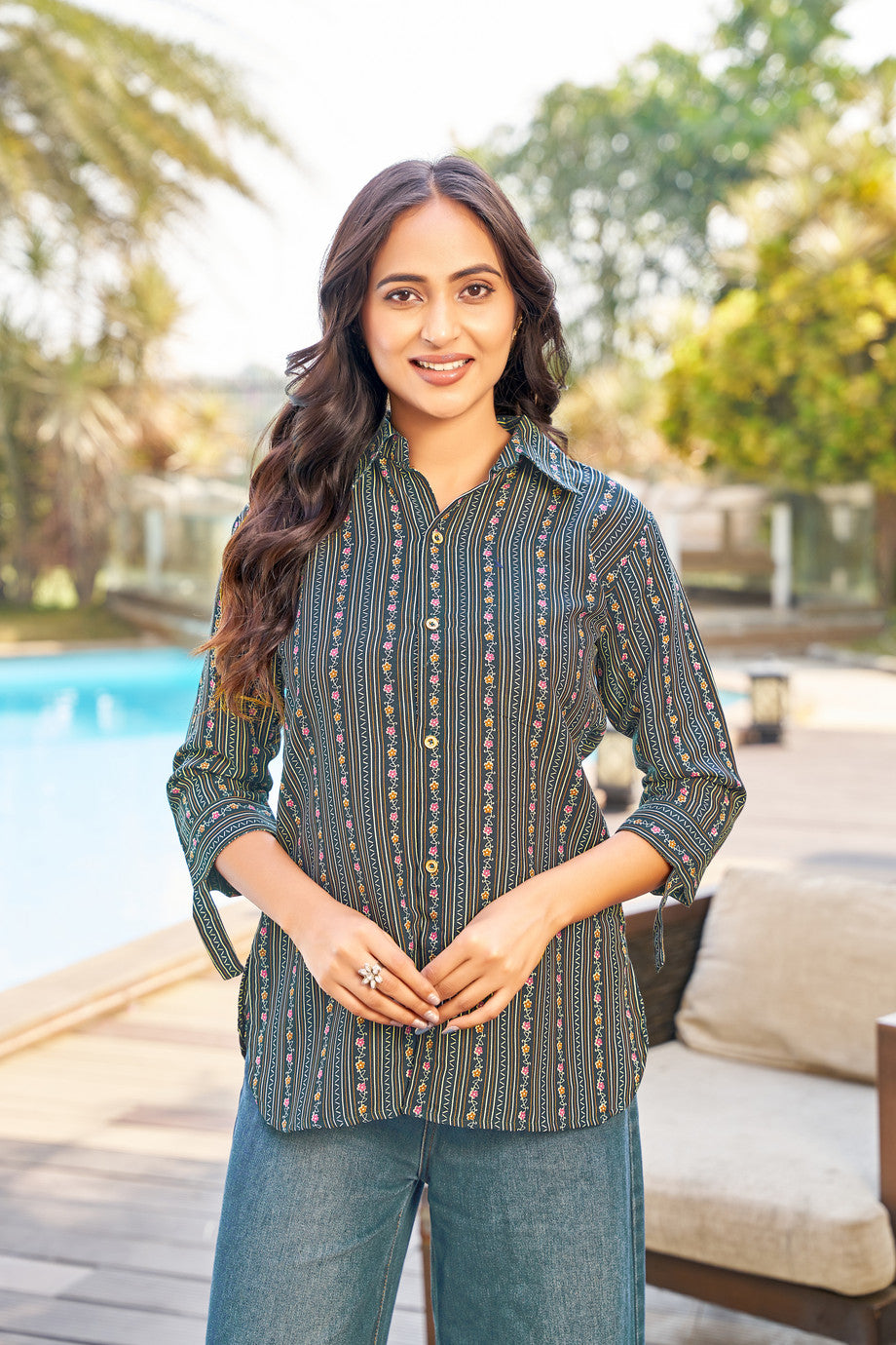 Vibrant Dark Green Striped Printed Cotton Shirt