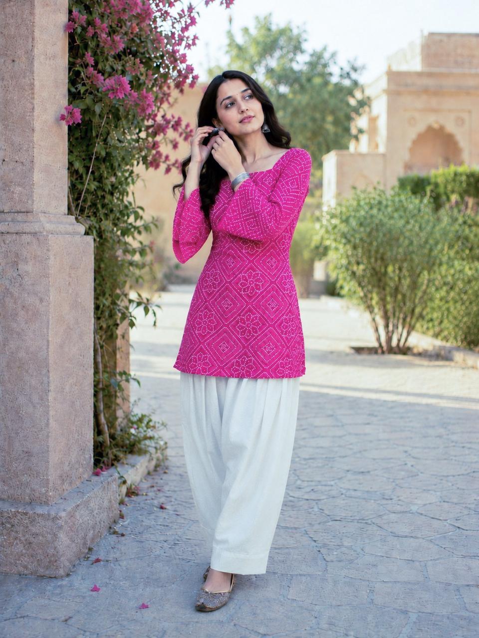 Rani Pink Cotton Bandhej Short Kurta