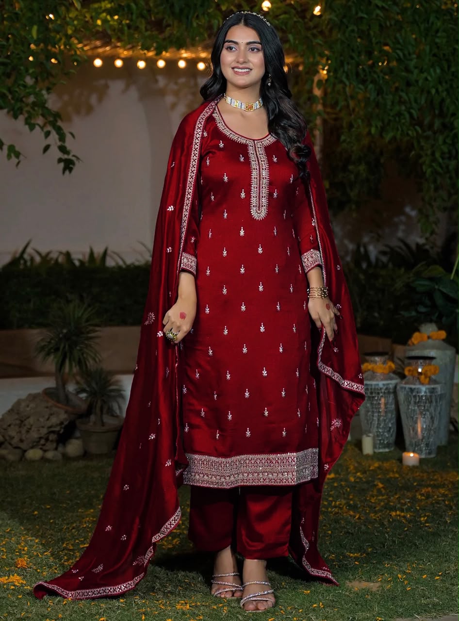 Deep Red Silk Blend Embroidered Kurta Set with Dupatta
