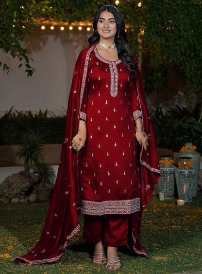 Deep Red Silk Blend Embroidered Kurta Set with Dupatta