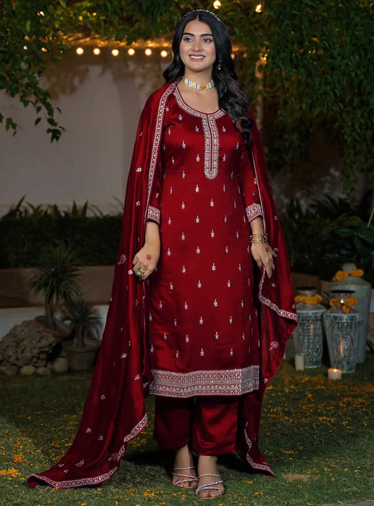 Deep Red Silk Blend Embroidered Kurta Set with Dupatta