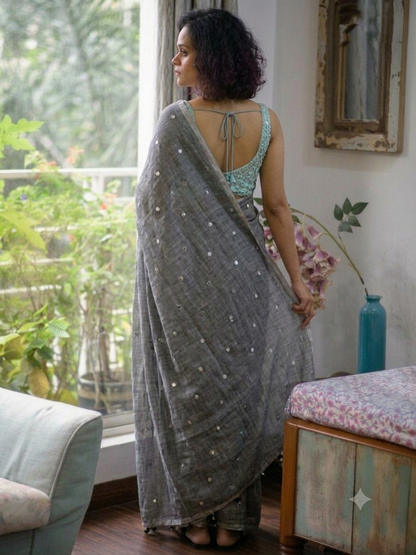 Ethereal Steel Grey Mirror-Work Mul Cotton Saree