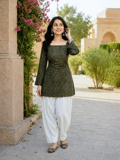 Olive Green Cotton Bandhej Short Kurta