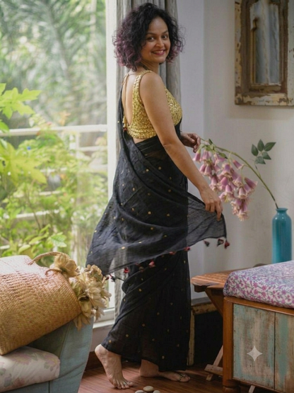 Ethereal Midnight Black Gold-Zari Polka Dot Mul Cotton Saree