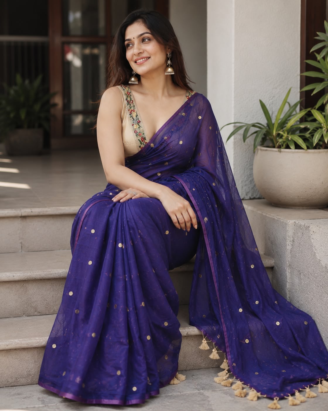 Ethereal Royal Blue Gold-Zari Polka Dot Mul Cotton Saree