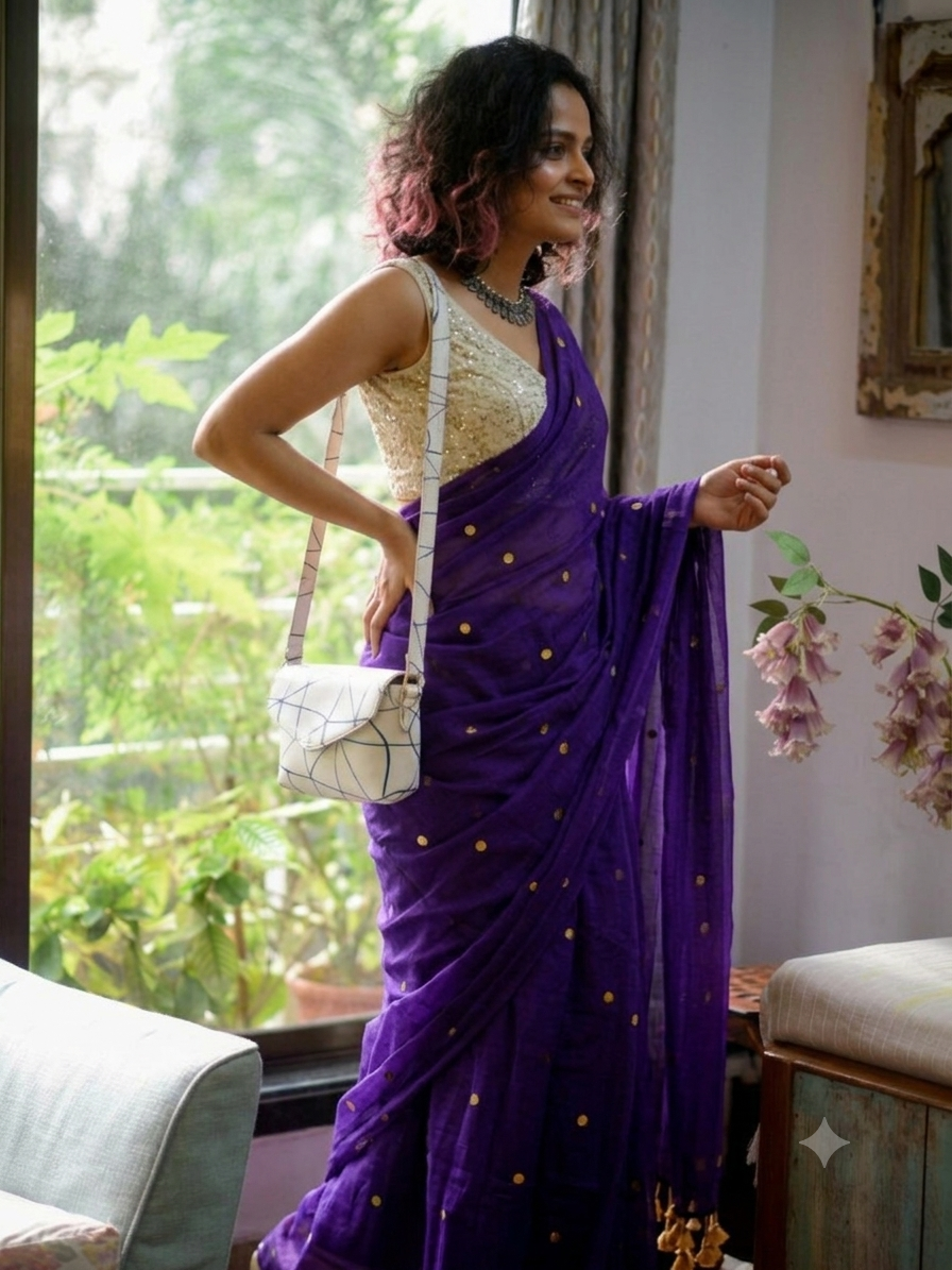 Ethereal Royal Violet Gold-Zari Polka Dot Mul Cotton Saree