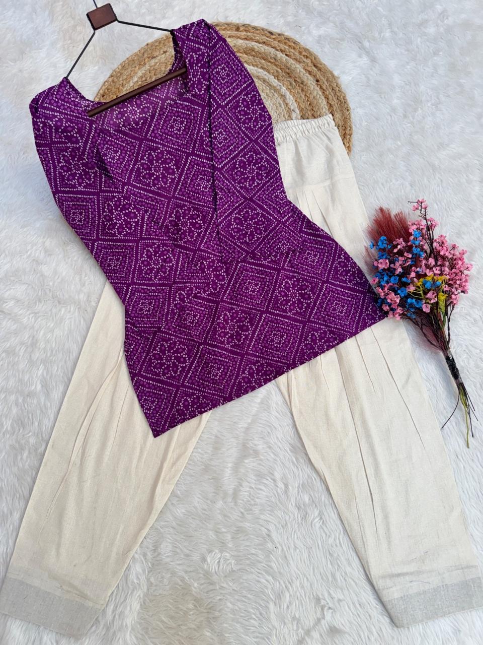 Deep Purple Cotton Bandhej Kurti Set
