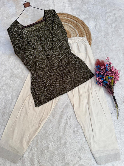 Olive Green Cotton Bandhej Short Kurta