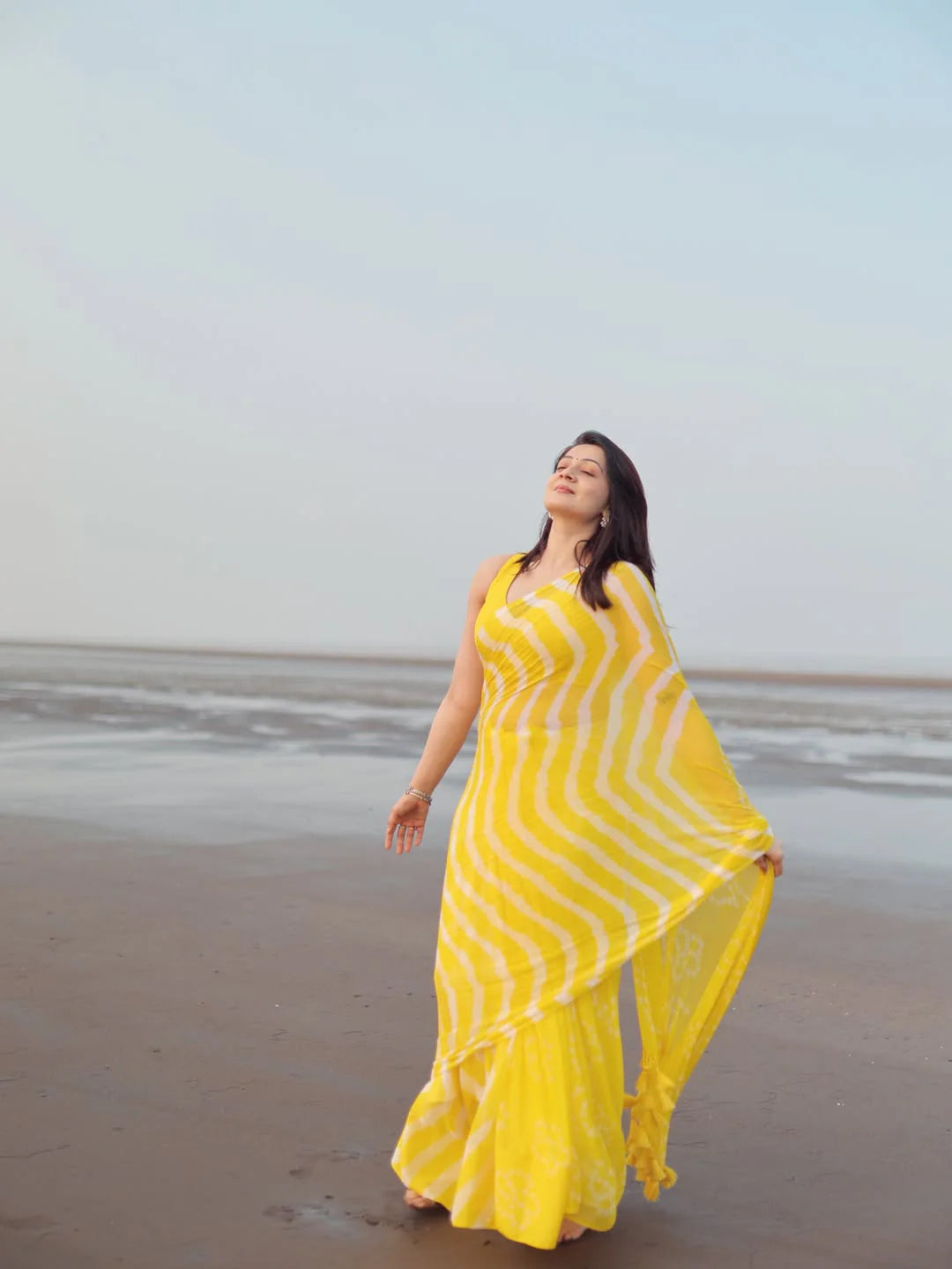 Sunshine Yellow & White Chiffon Printed Saree with Tassel Pallu