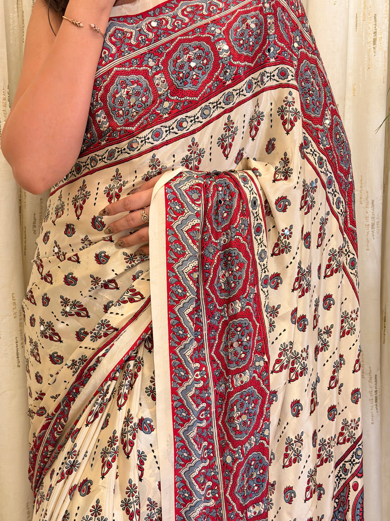 Elegant Off-White and Red Gajji Ajrakh Printed Silk Saree with Mirror Work