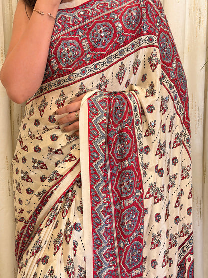 Elegant Off-White and Red Gajji Ajrakh Printed Silk Saree with Mirror Work