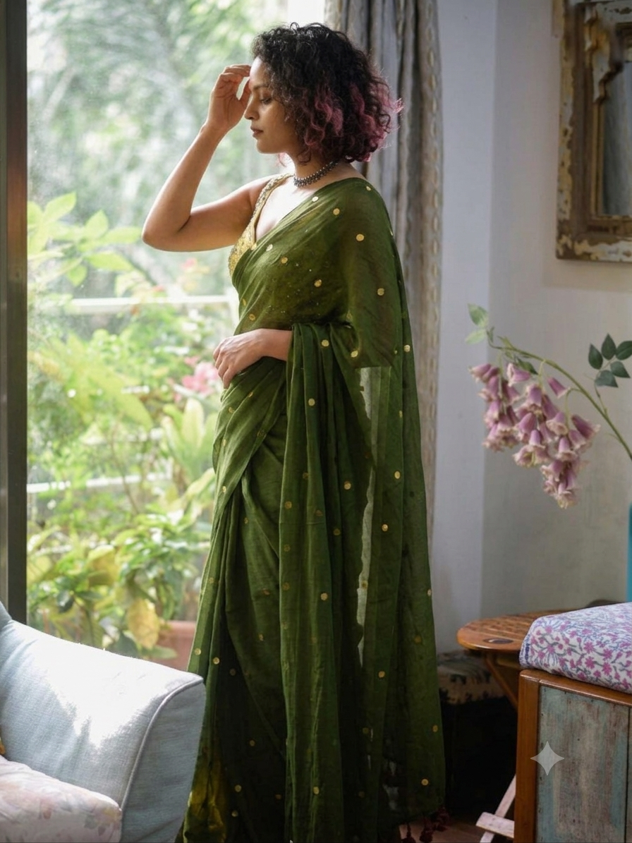 Ethereal Olive Green Gold-Zari Polka Dot Mul Cotton Saree
