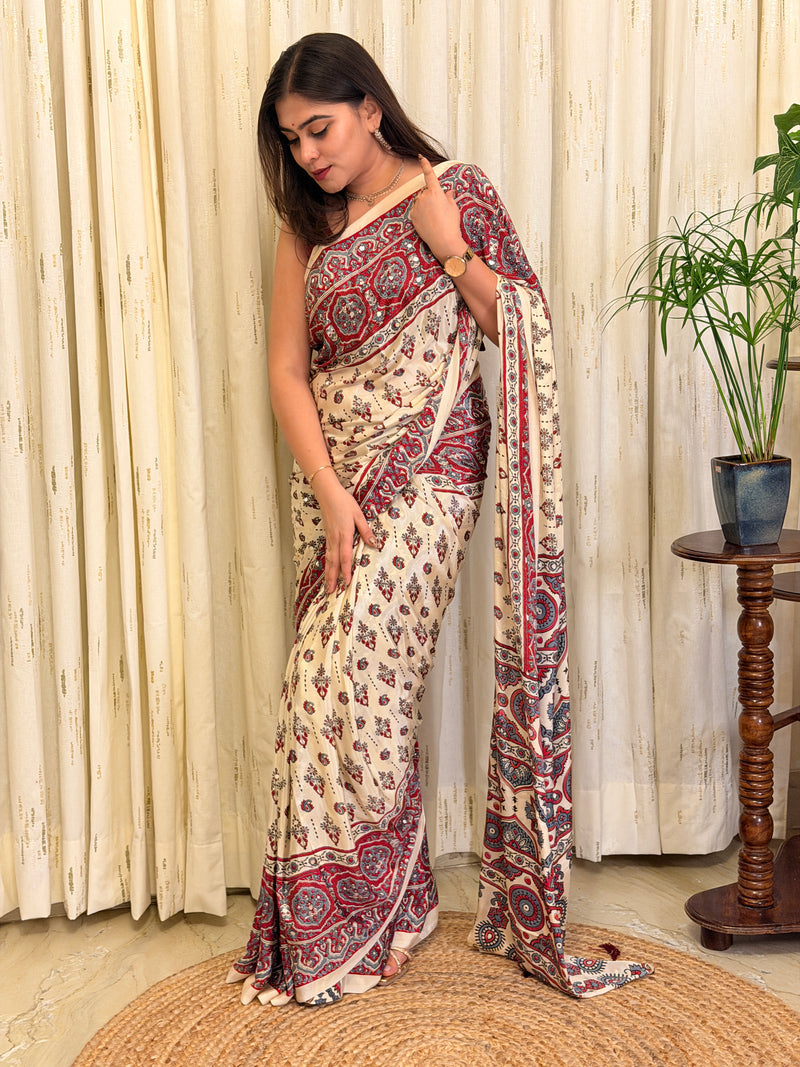 Elegant Off-White and Red Gajji Ajrakh Printed Silk Saree with Mirror Work